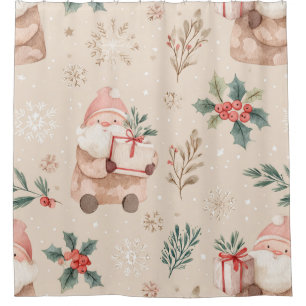 Pink Winter - Santa Claus, Snowflakes, Holly (4) Shower Curtain
