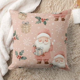 Pink Winter - Santa Claus, Snowflakes, Holly Cushion