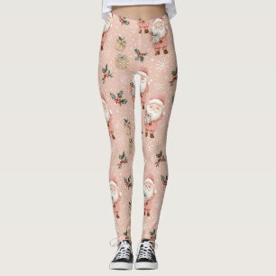 Pink Winter - Santa Claus, Snowflakes, Holly Leggings
