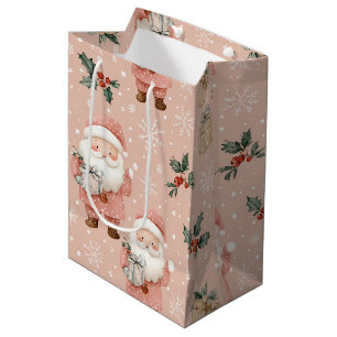 Pink Winter - Santa Claus, Snowflakes, Holly Medium Gift Bag