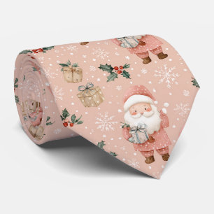 Pink Winter - Santa Claus, Snowflakes, Holly Tie