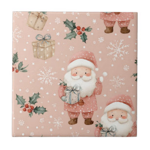 Pink Winter - Santa Claus, Snowflakes, Holly Tile