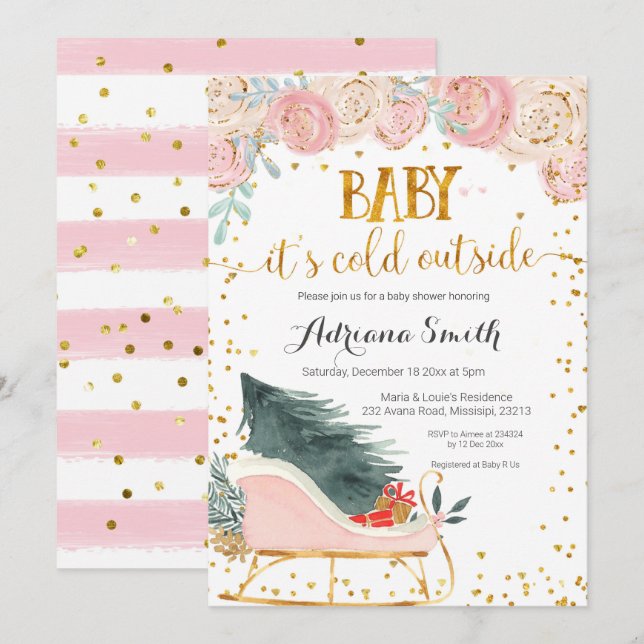 Pink winter sleigh baby its cold outside shower invitation (Front/Back)