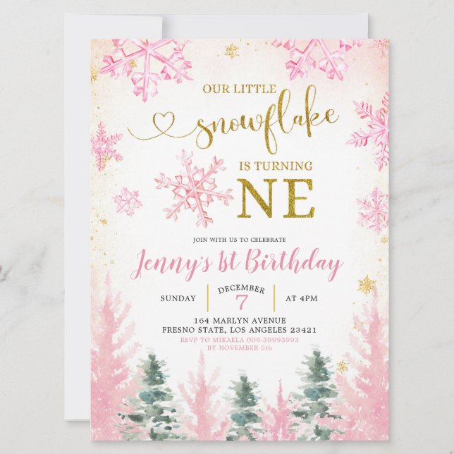 Pink Winter Snowflake First Birthday Invitation (Front)