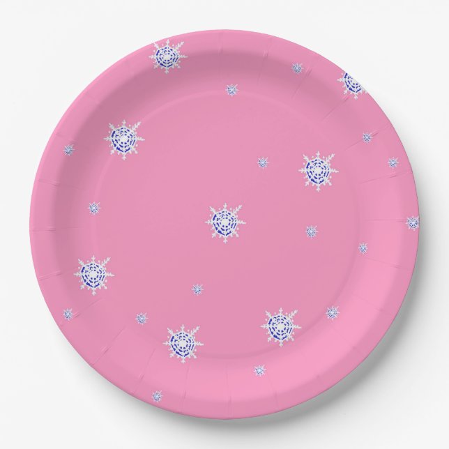 Pink Winter Snowflakes   Paper Plate (Front)