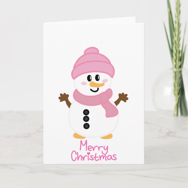 Pink Winter Snowman Merry Christmas Card (Front)