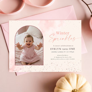 Pink Winter Sprinkles First Birthday Arch Photo Invitation