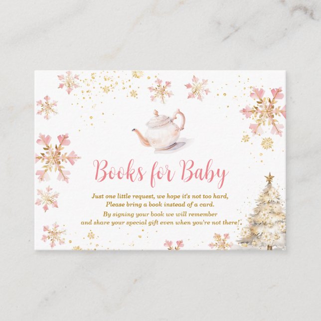 Pink Winter Tea Party Baby Shower Books for Baby Enclosure Card (Front)