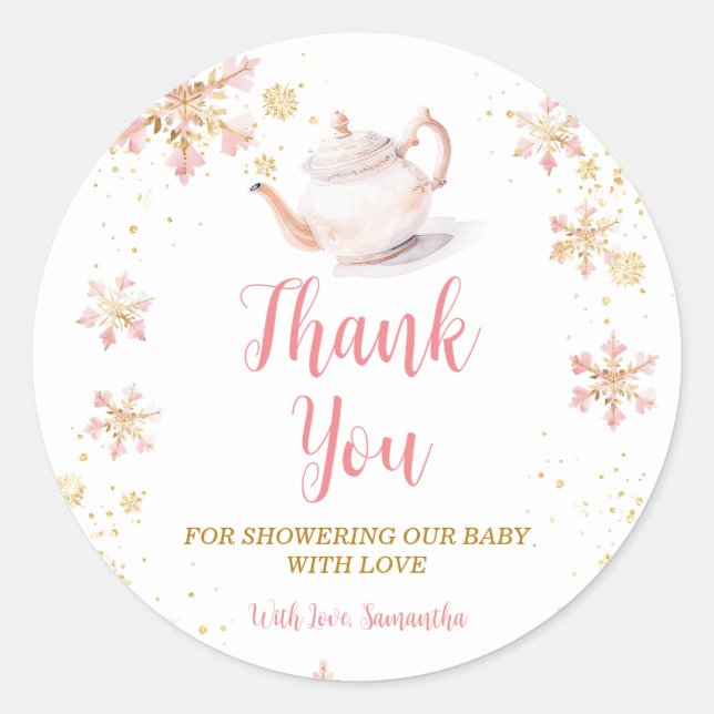 Pink Winter Tea Party Baby Shower Thank You Classic Round Sticker (Front)
