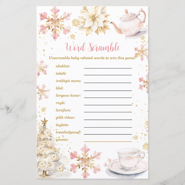Pink Winter Tea Party Baby Shower Word Scramble (Front)