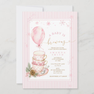 Pink Winter Tea Party Stripes Baby Shower Invitation