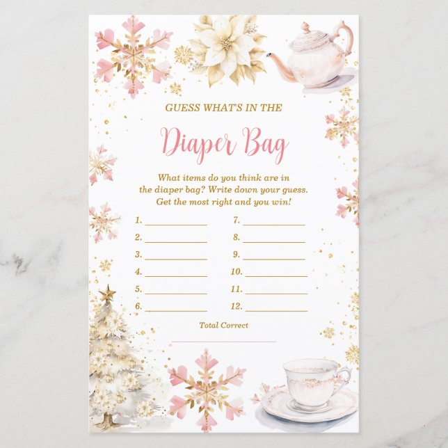 Pink Winter Tea Party What's in Diaper Bag Game (Front)