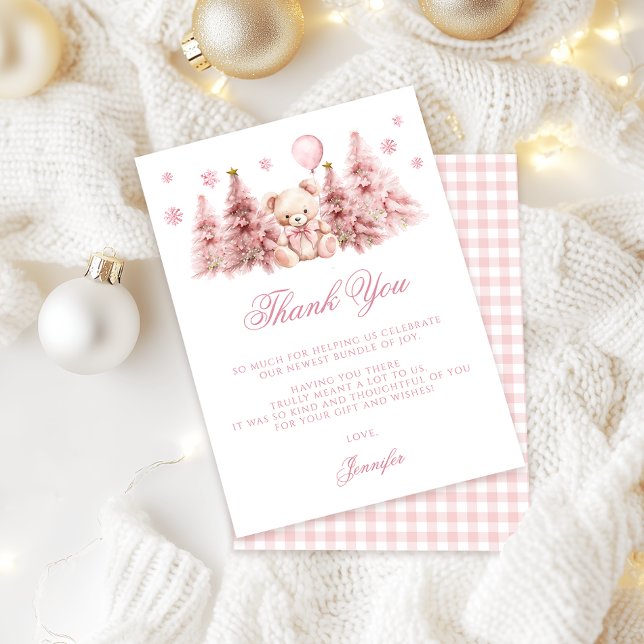 Pink Winter Teddy Bear Bow Baby Girl Shower Thank You Card (Creator Uploaded)