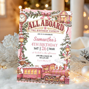 Pink Winter Train Theme All Aboard Birthday Invitation