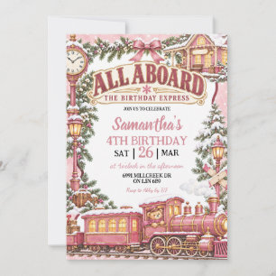 Pink Winter Train Theme All Aboard Birthday Invitation
