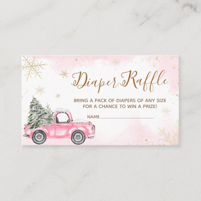 Pink Winter Truck Baby Shower Diaper Raffle Enclosure Card (Front)
