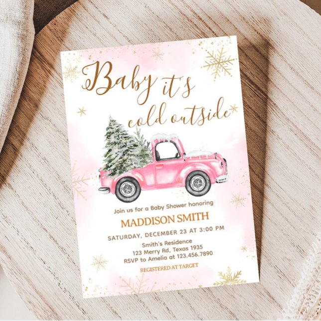 Pink Winter Truck Baby Shower  Invitation (Pink Snowflake Baby Shower Invitation)