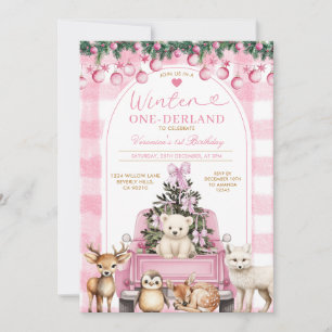 Pink Winter Truck Onederland 1st Birthday Animals Invitation