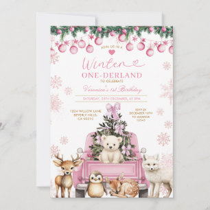 Pink Winter Truck Onederland 1st Birthday Animals Invitation
