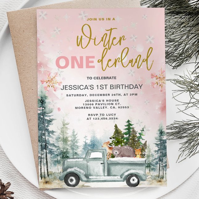 Pink Winter Truck Onederland Forest 1st Birthday Invitation (Creator Uploaded)