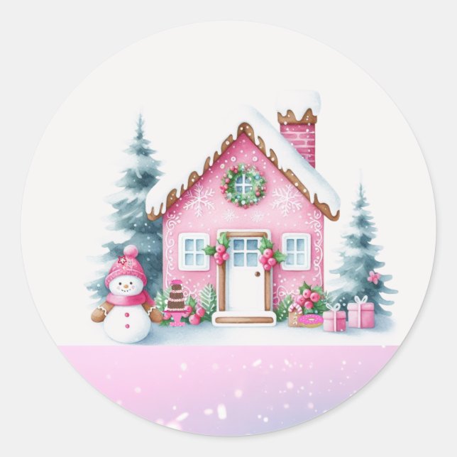 Pink Winter Village Gingerbread House  Classic Round Sticker (Front)