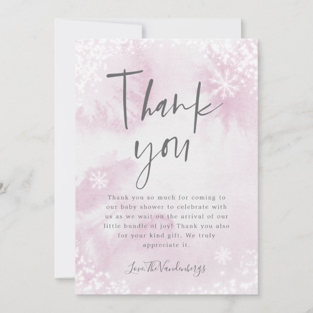 Pink Winter Watercolor Baby Shower Thank You Card (Front)