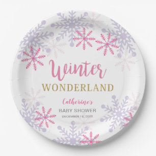 Pink Winter Wonderland Baby Shower Snowflakes Girl Paper Plate