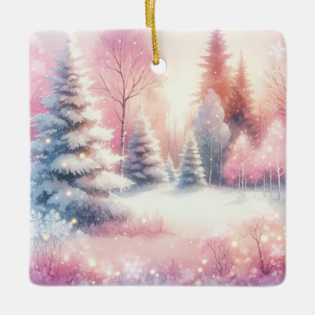 Pink Winter Wonderland Christmas Personalised Ceramic Ornament (Front)