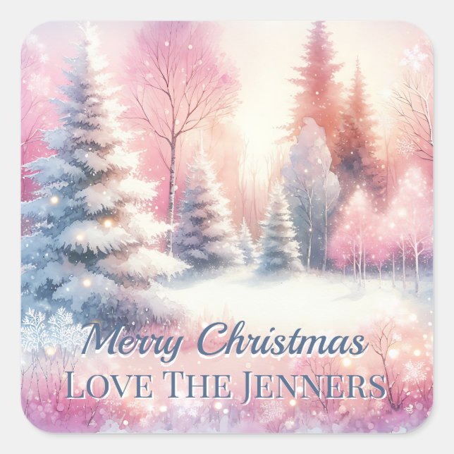 Pink Winter Wonderland Christmas Personalised Square Sticker (Front)