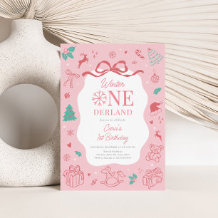 Pink Winter Wonderland First Birthday Party Invitation