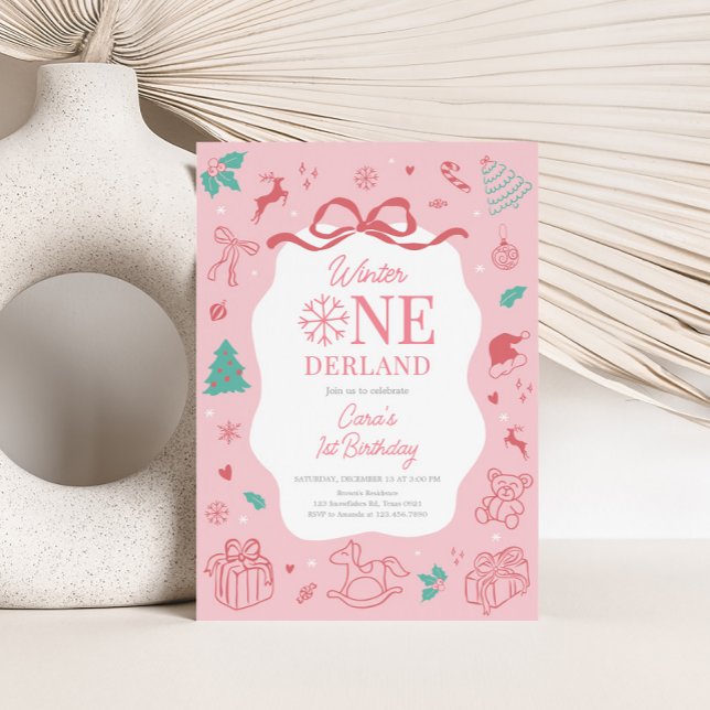Pink Winter Wonderland First Birthday Party  Invitation (Winter Onederland Birthday Party Invitation)
