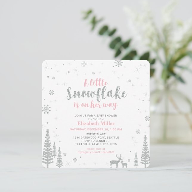 Pink Winter Wonderland, Girl Baby Shower Invitation (Standing Front)