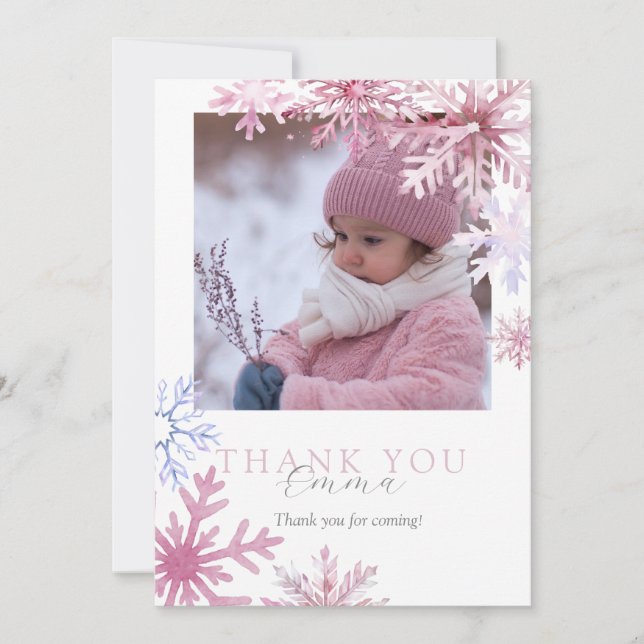 Pink Winter Wonderland photo thank you card (Front)