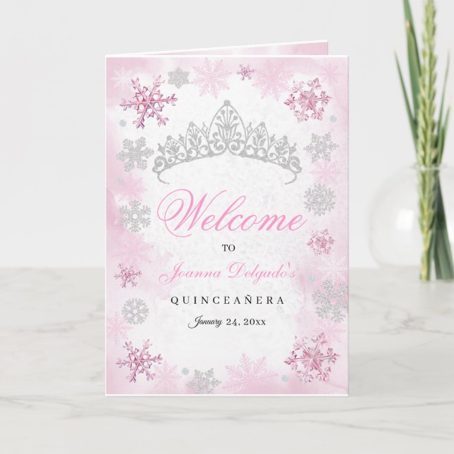 Pink Winter Wonderland Quinceanera Program Invitation (Front)