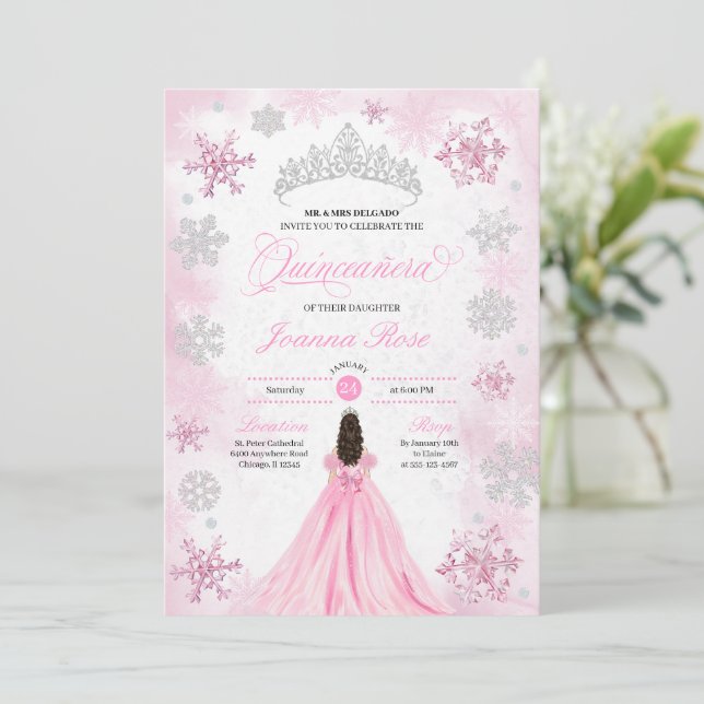 Pink Winter Wonderland Snowflake Quinceanera Invitation (Standing Front)