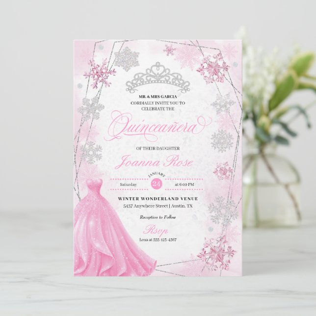 Pink Winter Wonderland Snowflake Quinceanera Invitation (Standing Front)