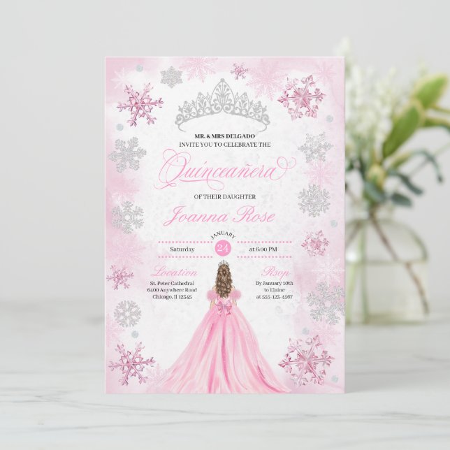 Pink Winter Wonderland Snowflake Quinceanera Invitation (Standing Front)