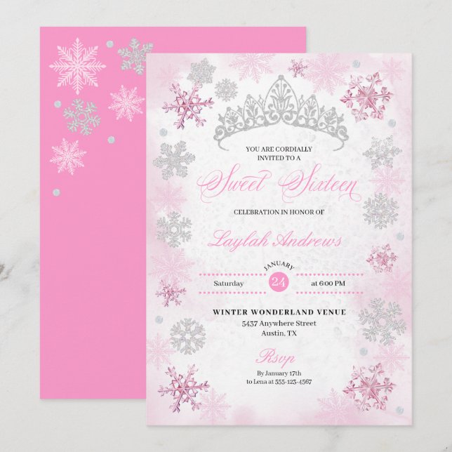 Pink Winter Wonderland Snowflake Sweet 16 Invitation (Front/Back)