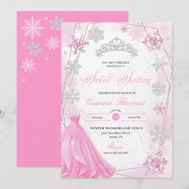 Pink Winter Wonderland Snowflake Sweet 16 Invitation (Front/Back)
