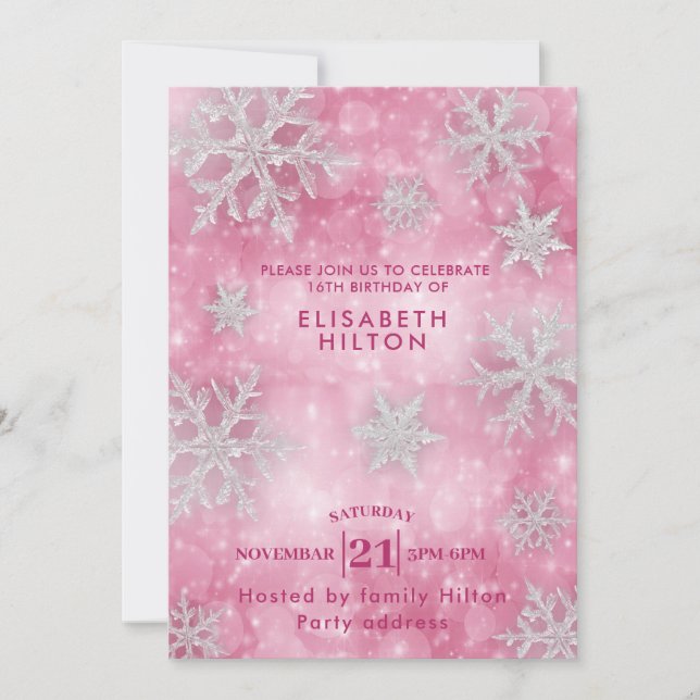 Pink Winter wonderland snowflakes dress sweet 16 Invitation (Front)