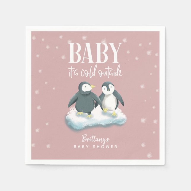 Pink Winter Wonderland Theme Penguin Baby Shower Napkin (Front)