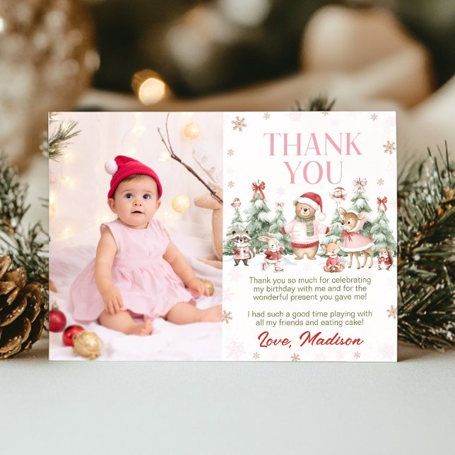 Pink Winter Woodland Animals Girl Birthday Photo Thank You Card (Creator Uploaded)