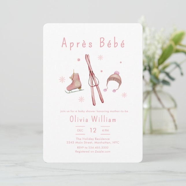 Pink Winter Woodland Après Bébé Ski Baby Shower  Invitation (Standing Front)
