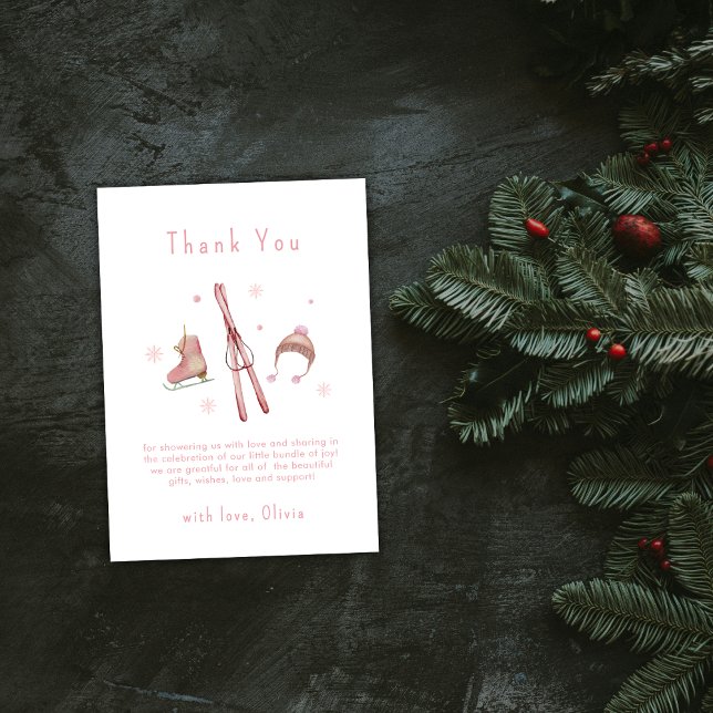 Pink Winter Woodland Après Bébé Ski Baby Shower  Thank You Card (Pink Winter Woodland Après Bébé Ski Baby Shower Thank You Card)