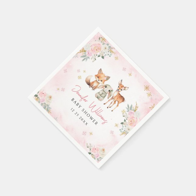 Pink winter woodland baby girl shower paper napkin (Corner)