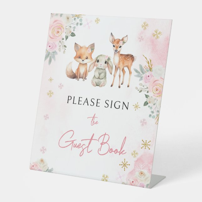 Pink winter woodland baby shower guest book sign (Front)
