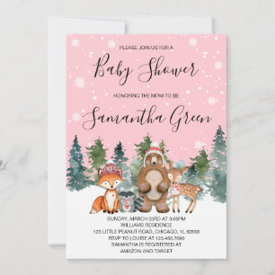 Pink Winter Woodland Baby Shower Invitation 