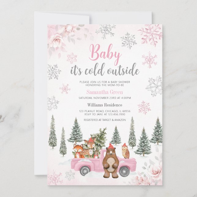 Pink Winter Woodland Baby Shower Invitation (Front)