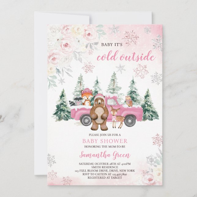 Pink Winter Woodland Baby Shower Invitation (Front)