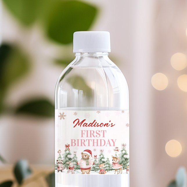 Pink Winter Woodland Birthday Water Bottle Label (Creator Uploaded)